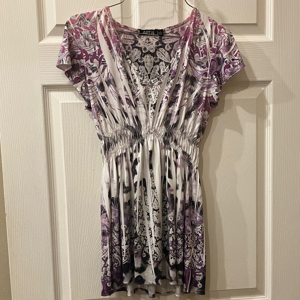 Apt. 9 Purple and White V-Neck Gathered Waist Tunic